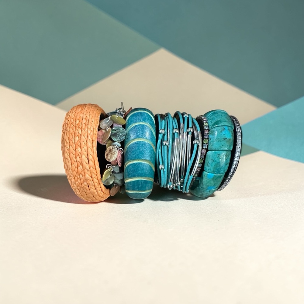 Boho Turquoise & Silver Stackable Bracelet Set | 7pc Teal Beaded Bangle Bundle